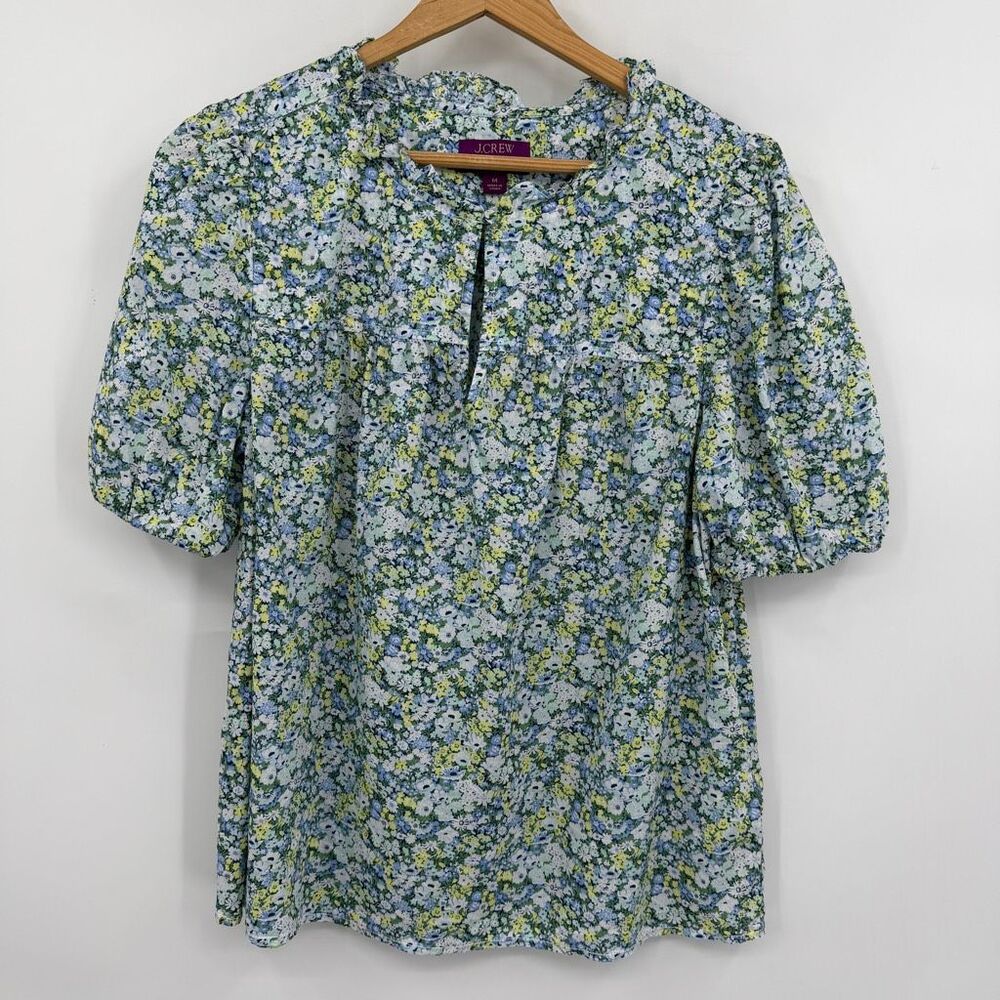 J Crew Liberty Fabric Floral Blouse Women’s Medium Blue Green Puff Sleeve Ruffle